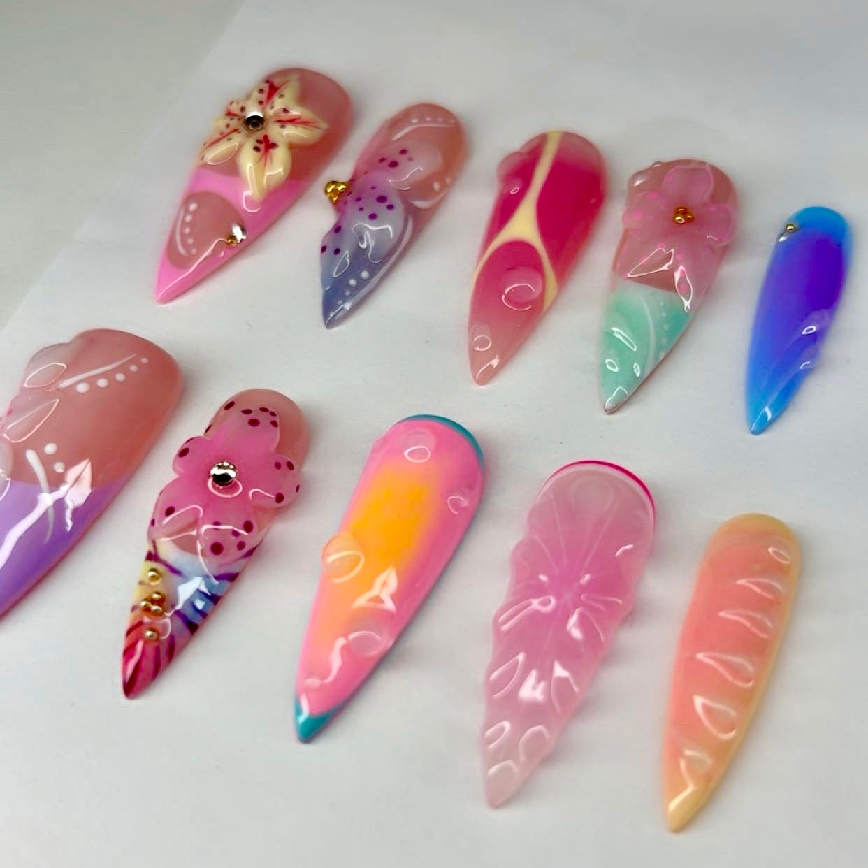 Full set of handmade vibrant Y2K Zara Larsson Inspired press-ons with 3d nail art