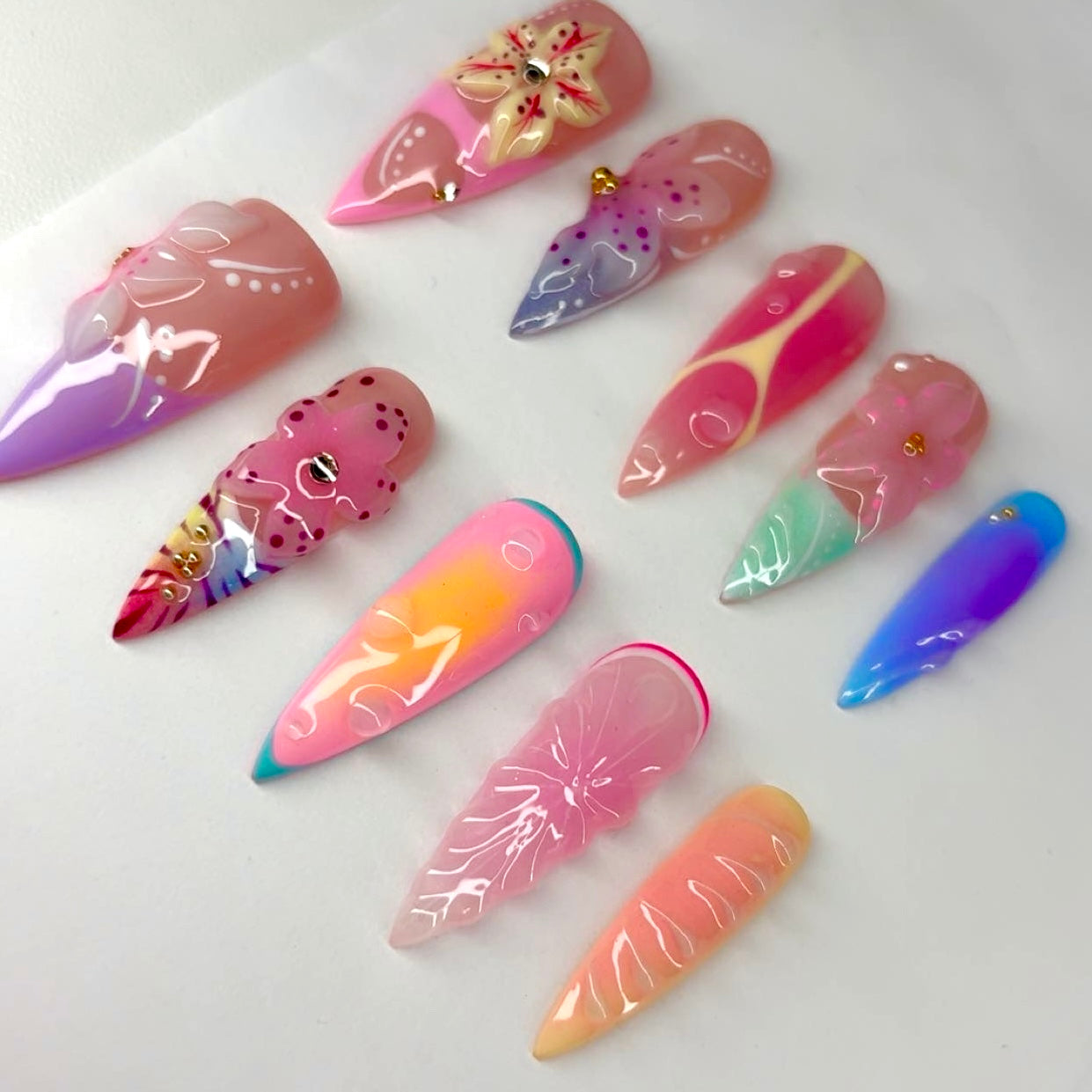 Glossy 3d flower and summer detailed nail art press-on nails inspired by Zara Larsson