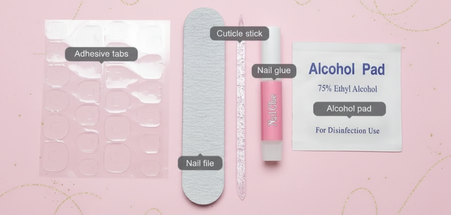 Kit with file, glue, alcohol pad, adhesive tabs, cuticle stick, to prepare nails for application