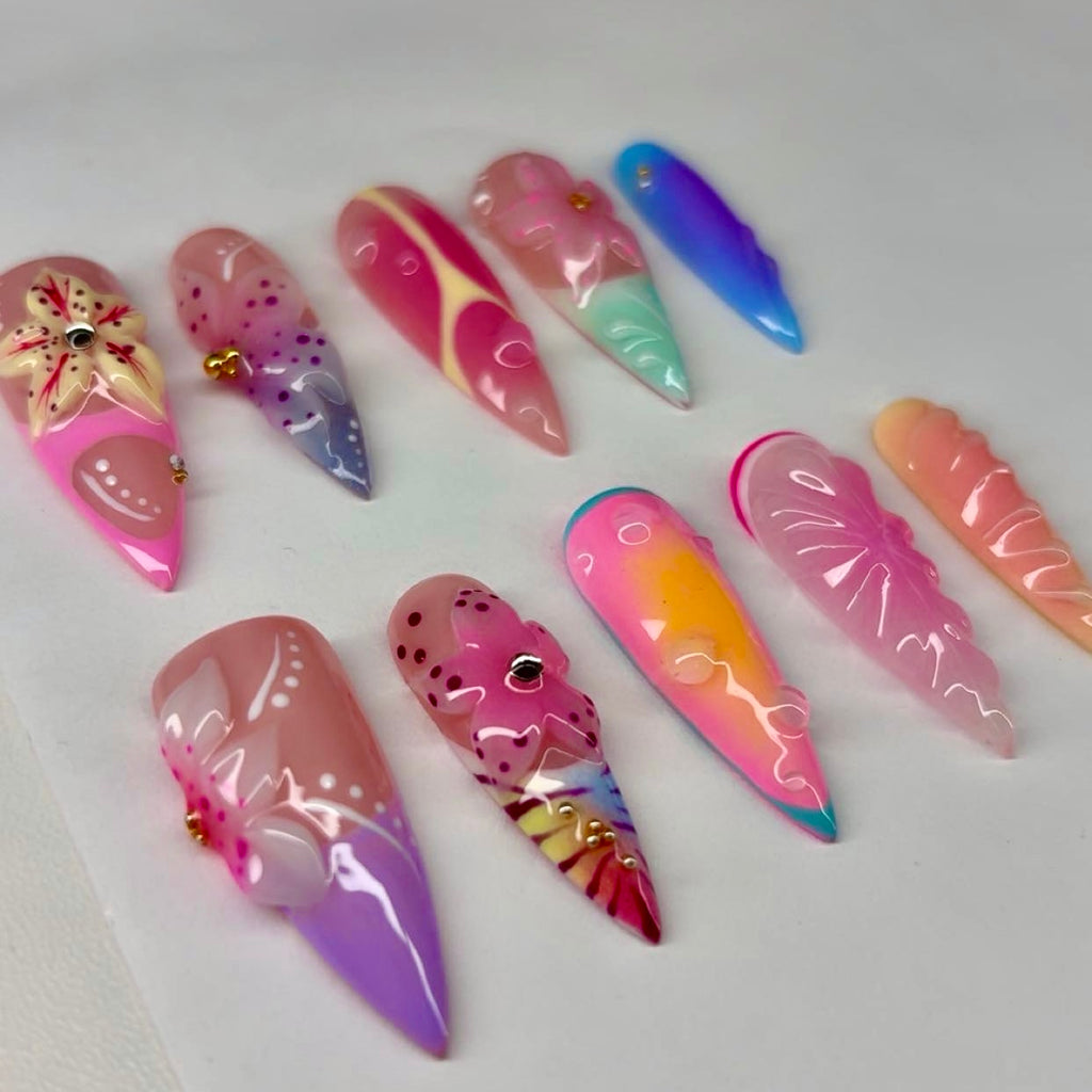 Long stiletto tropical summer press-on nails with 3d flower nail art inspired by Zara Larsson