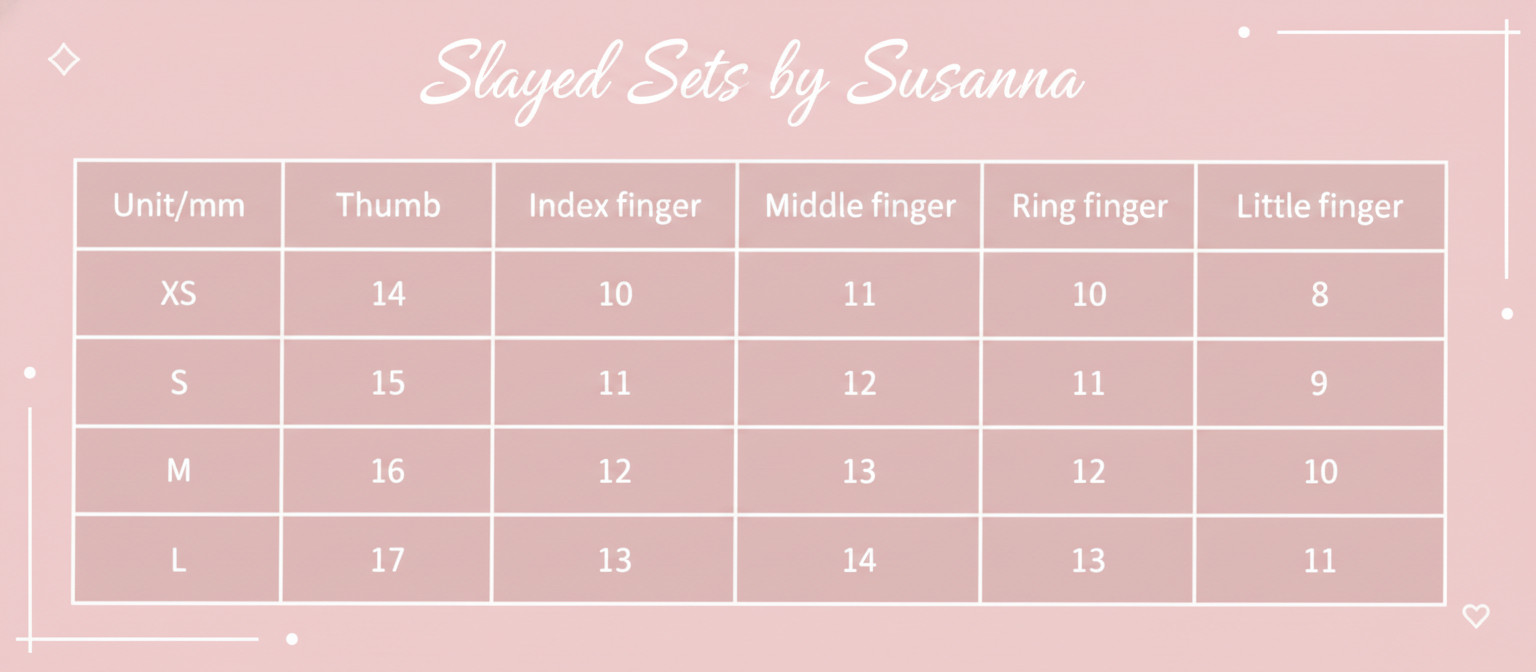 Size guide to measure nail bed for press-on nail application